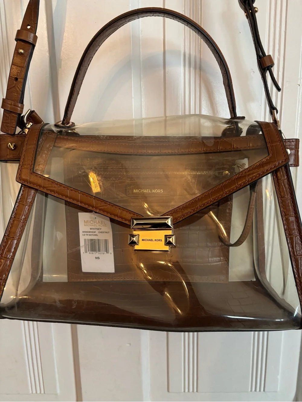 Michael Kors Clear Shoulder Bag with Brown Croc-Embossed Trim and Gold Hardware
